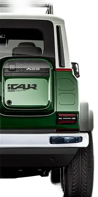 iCAUR V23 (wersja Retro) - detal tylnej klapy z zapasowym kołem i logo iCAUR