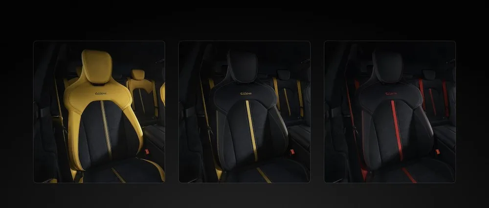 Sportowe fotele Xiaomi SU7 Ultra w trzech wariantach kolorystycznych z logo Ultra