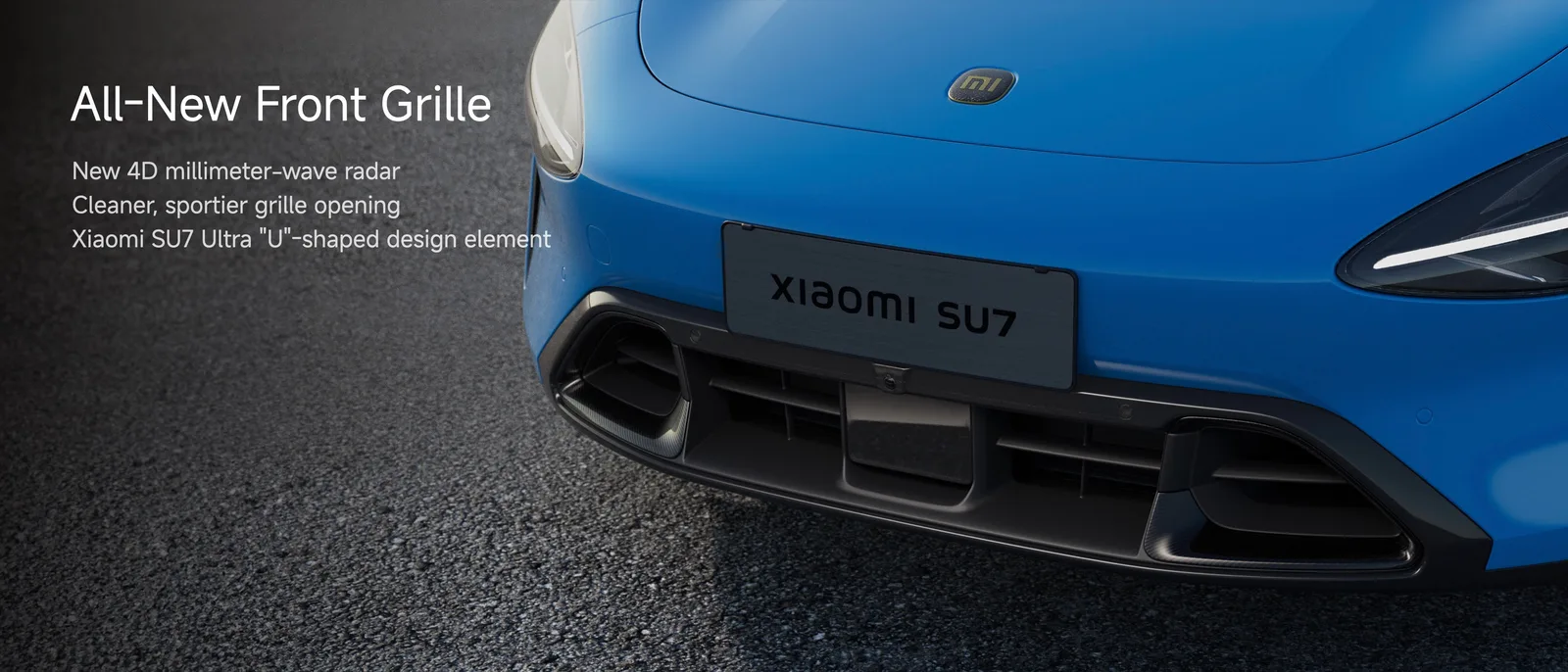 Zbliżenie na przedni pas Xiaomi SU7 nowej generacji w kolorze niebieskim, widoczna owiewka i radar 4D
